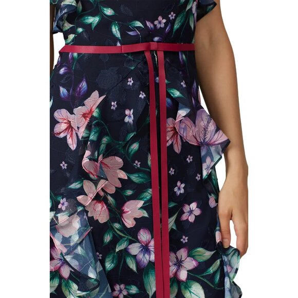 Marchesa Notte Blue Floral Chiffon Midi Gown Size 12 Flutter Sleeve Formal - Picture 3 of 15